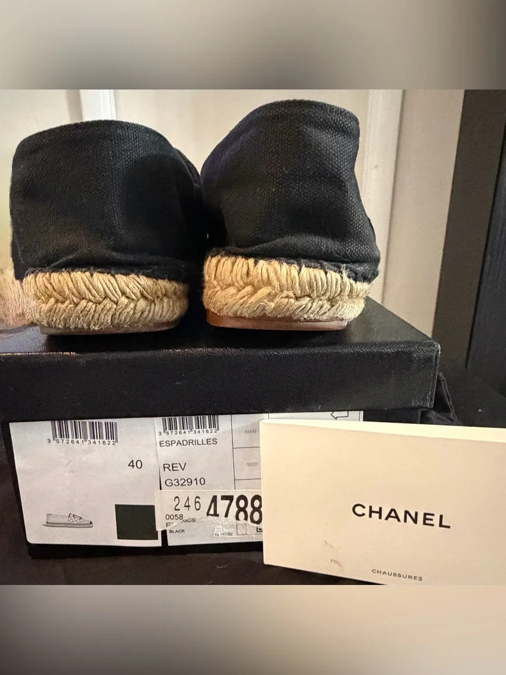 Authentic CHANEL Black Quilted Canvas Espadrilles with CC Motif